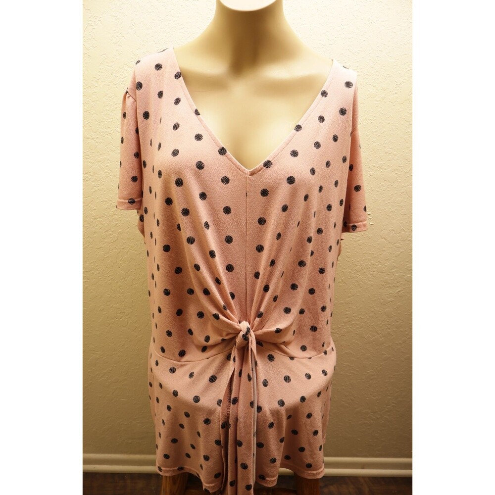Flower & Feather Top 2XL Womens Pink Black Polka Dot V-Neck Front Tie Peplum